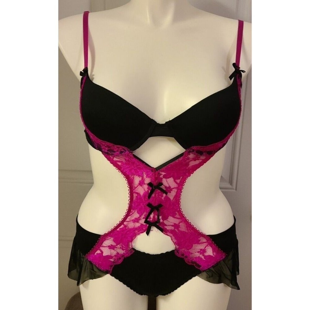 SECRET LACE LLC Sexy‎ Lingerie Black Strappy Bodysuit with Pink Lace Size 34C/M